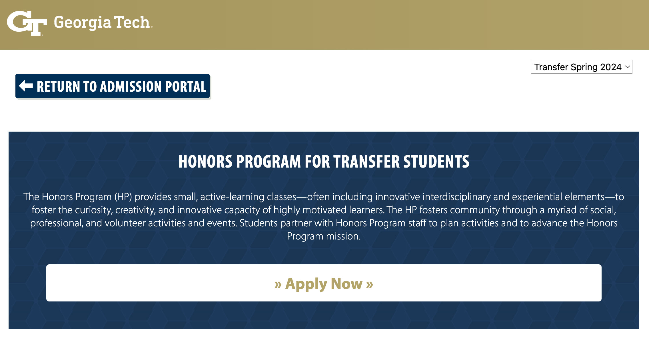Image of the application portal for transfer students.