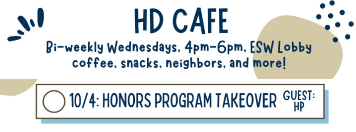 A graphic promoting the Hall Director (HD) Cafe every other Wednesday in the Eighth Street West lobby.
A graphic promoting the Hall Director (HD) Cafe every other Wednesday in the Eighth Street West lobby.