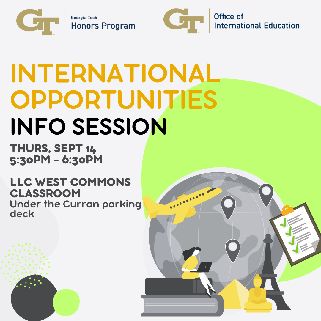 A flyer for the Honors Program international opportunities info session co-hosted by the Office of International Education. Image includes text promoting the event, as well as an illustrated woman sitting on a pile of books in front of a globe, an airplane, and the Eiffel Tower.
